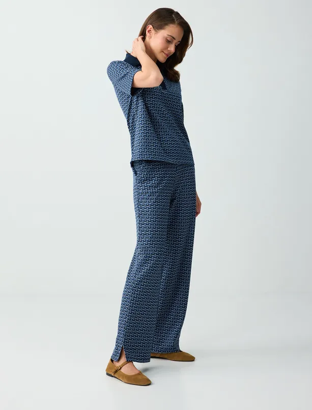 Women Dark Blue Wide Leg Regular Waist Geometric Patterned Knitted Pants