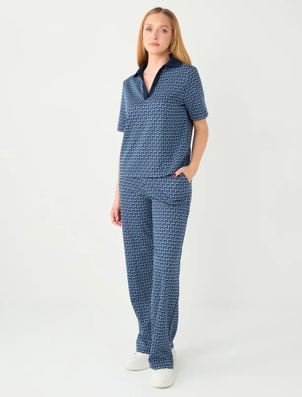 Bayan Lacivert Bol Paça Normal Bel Geometrik Desenli Örme Pantolon