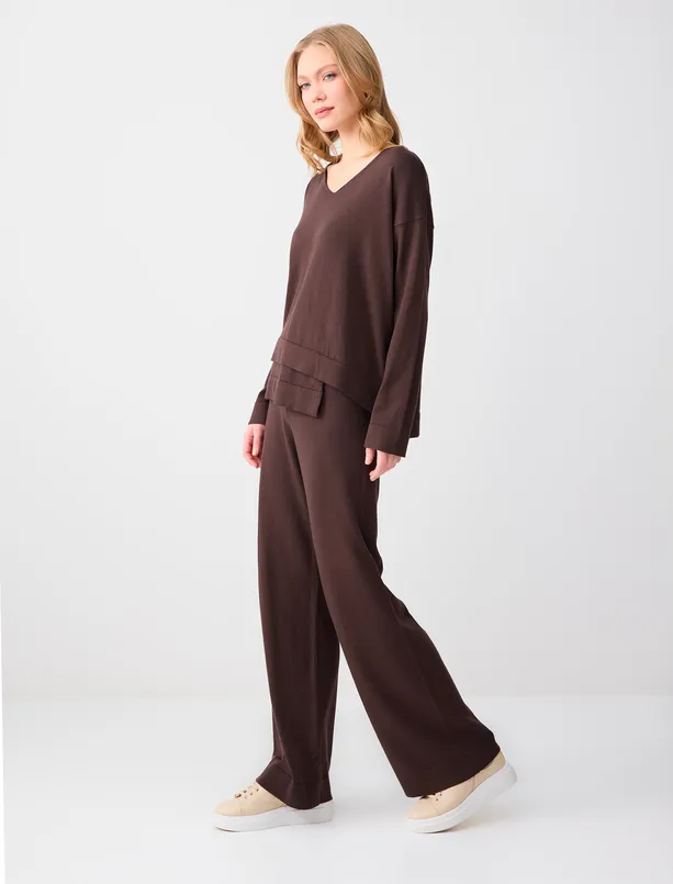 Bayan  Yüksek Bel Bol Paça Beli Lastikli Triko Pantolon