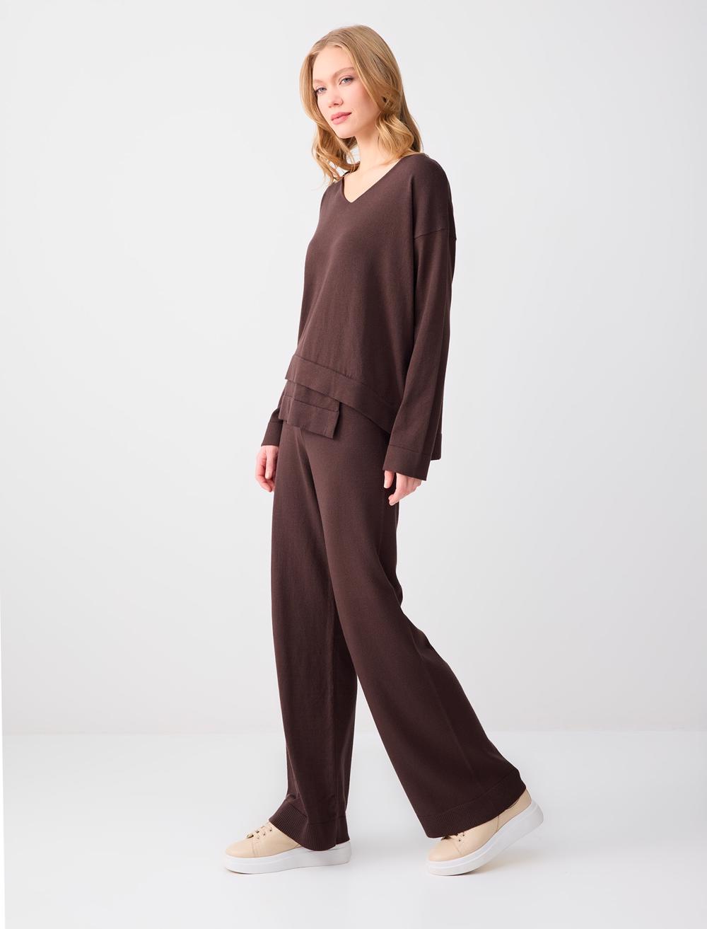 Yüksek Bel Bol Paça Beli Lastikli Triko Pantolon