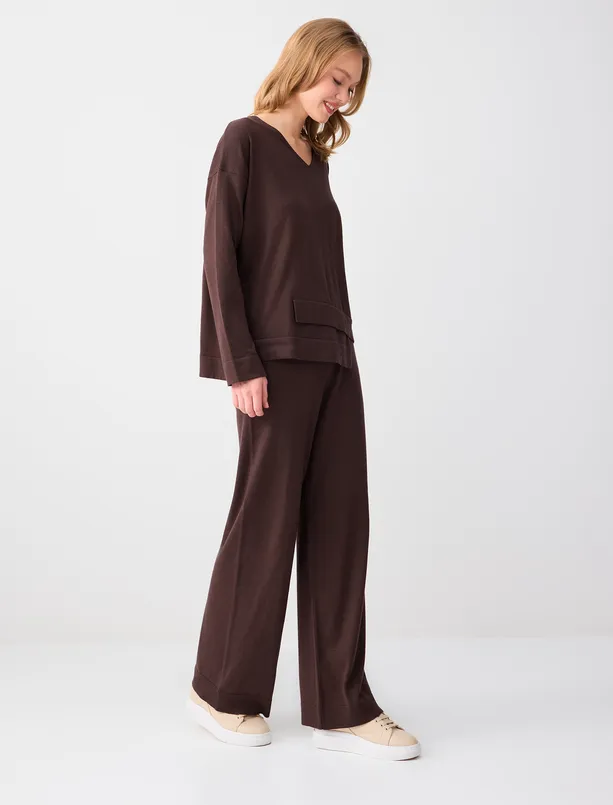 Bayan Kahverengi Yüksek Bel Bol Paça Beli Lastikli Triko Pantolon