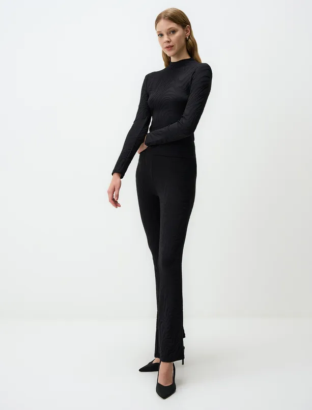 Women Black High Waist Wide Leg Slim Fit Knitted Pants