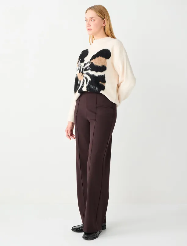 Bayan Kahverengi Rahat Kesim Bol Paça Yüksek Bel Uzun Örme Pantolon