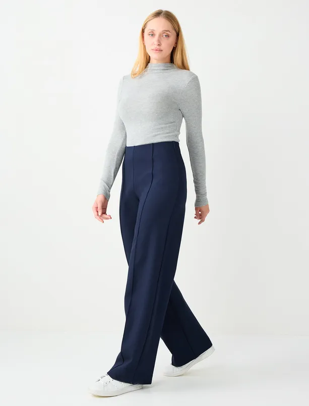 Bayan Lacivert Rahat Kesim Bol Paça Yüksek Bel Uzun Örme Pantolon