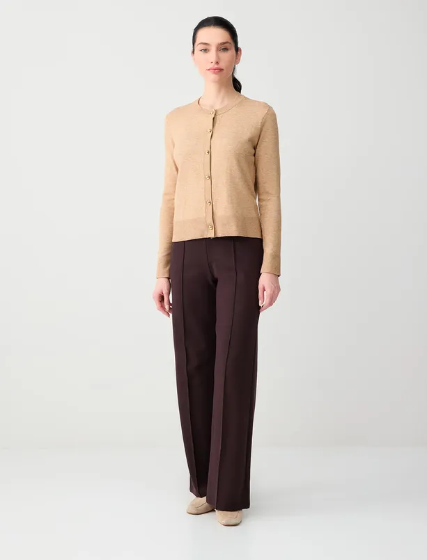 Bayan Kahverengi Rahat Kesim Bol Paça Yüksek Bel Uzun Örme Pantolon