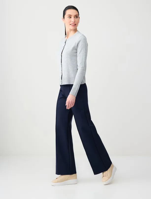Bayan Lacivert Rahat Kesim Bol Paça Yüksek Bel Uzun Örme Pantolon