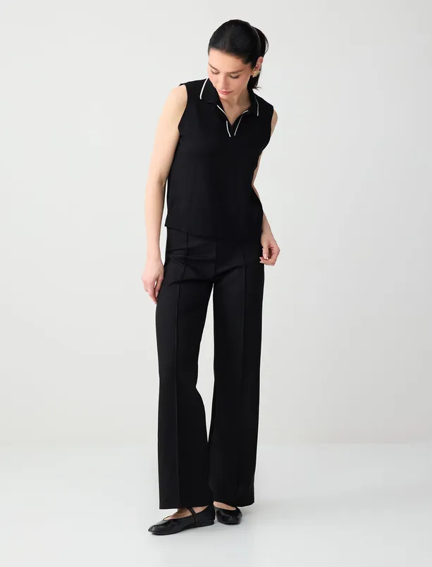 Women Black Relaxed Fit Wide Leg High Waist Long Knitted Pants