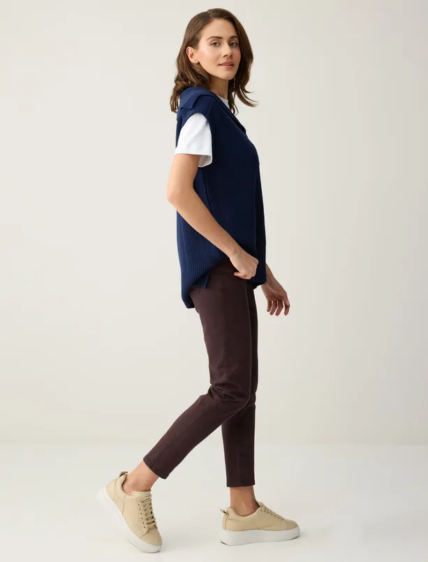 Bayan Kahverengi Normal Paça Yüksek Bel Cepli Dokuma Pantolon