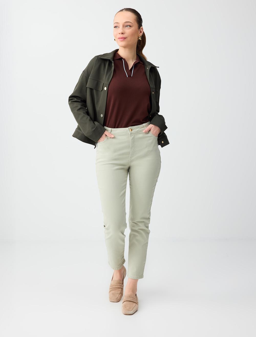 Normal Paça Yüksek Bel Cepli Dokuma Pantolon