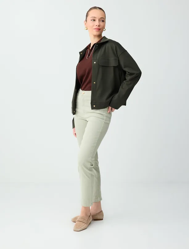 Bayan Koyu Yağ Yeşili Normal Paça Yüksek Bel Cepli Dokuma Pantolon