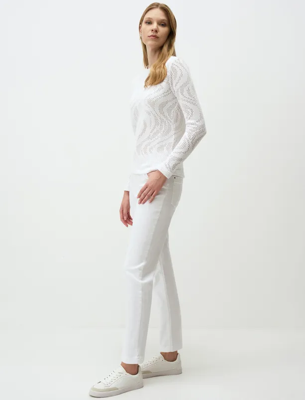 Bayan Beyaz Normal Paça Yüksek Bel Cepli Dokuma Pantolon