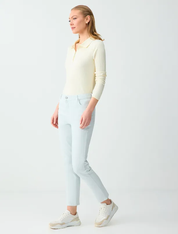 Bayan Mavi Normal Paça Yüksek Bel Cepli Dokuma Pantolon