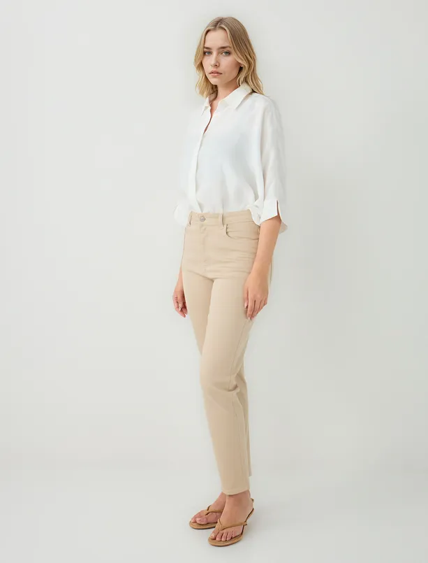 Bayan Bej Normal Paça Yüksek Bel Cepli Dokuma Pantolon