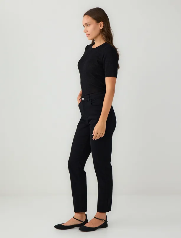 Bayan Siyah Normal Paça Yüksek Bel Cepli Dokuma Pantolon