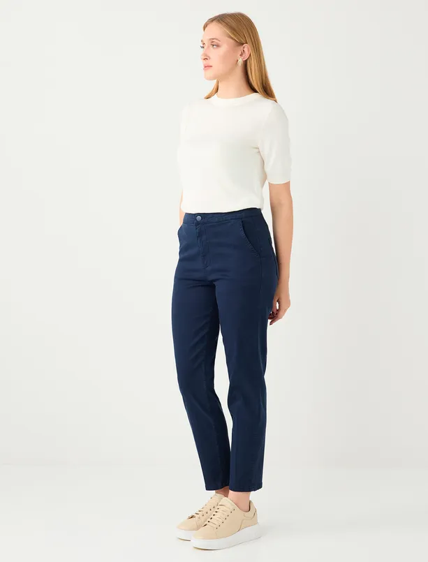 Women Dark Blue High Waist Regular Leg Woven Pants with Side Pockets