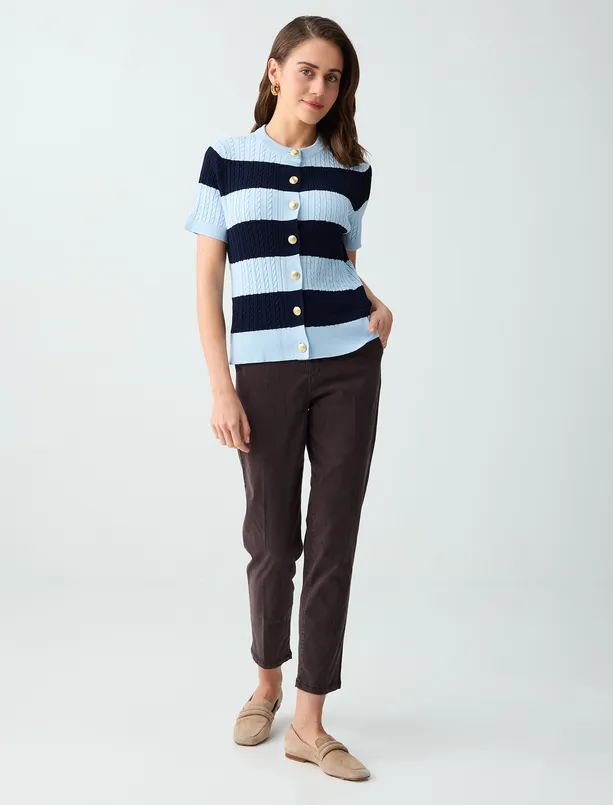 Bayan  Yandan Cepli Yüksek Bel Normal Paça Dokuma Pantolon