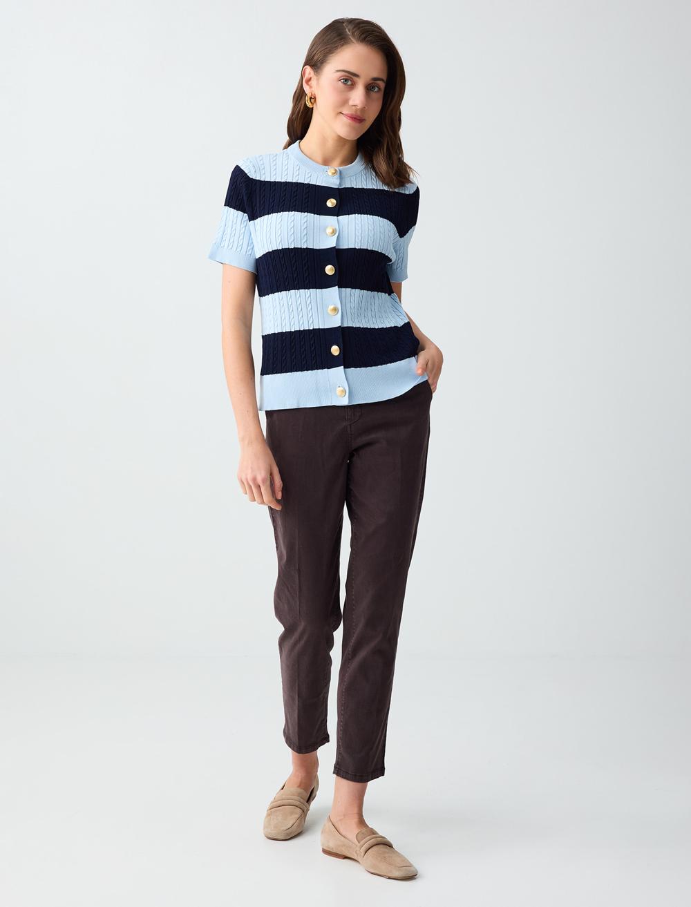 Yandan Cepli Yüksek Bel Normal Paça Dokuma Pantolon