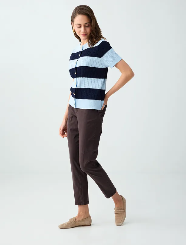 Bayan Kahverengi Yandan Cepli Yüksek Bel Normal Paça Dokuma Pantolon