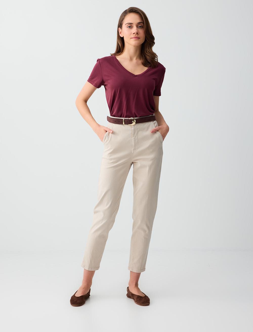 Yandan Cepli Yüksek Bel Normal Paça Dokuma Pantolon