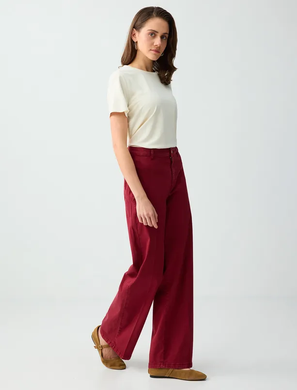 Bayan Bordo Normal Bel İspanyol Paça Dokuma Uzun Pantolon
