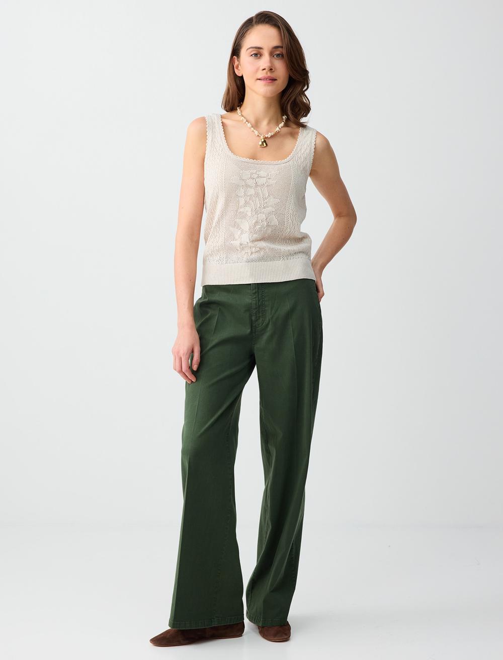 Normal Bel İspanyol Paça Dokuma Uzun Pantolon