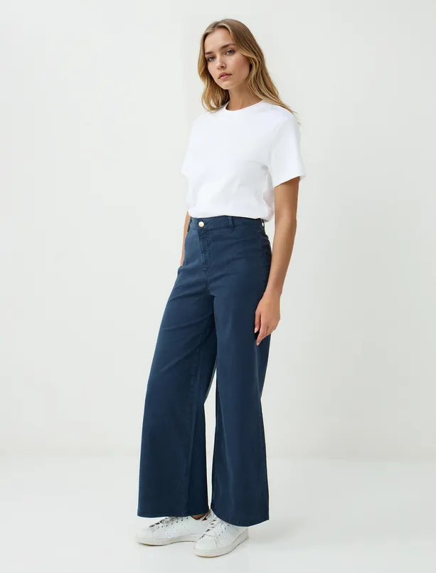 Women Dark Blue Regular Waist Flared Woven Long Pants