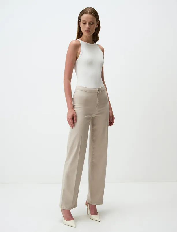 Bayan Bej Normal Bel İspanyol Paça Dokuma Uzun Pantolon