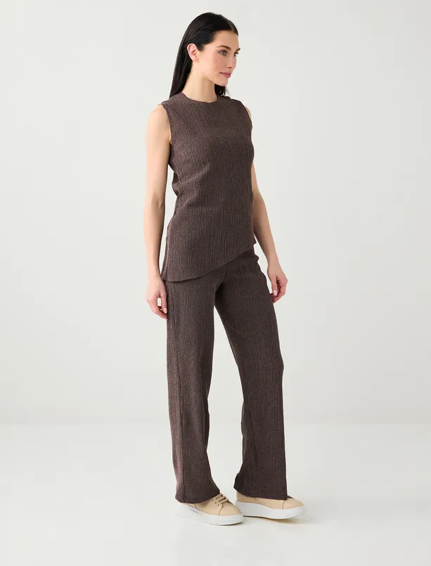 Women Brown Wide Leg Regular Waist Long Knitted Pants