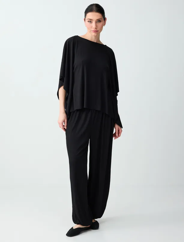 Bayan Siyah Rahat Kesim Lastikli Paça Normal Bel Örme Pantolon