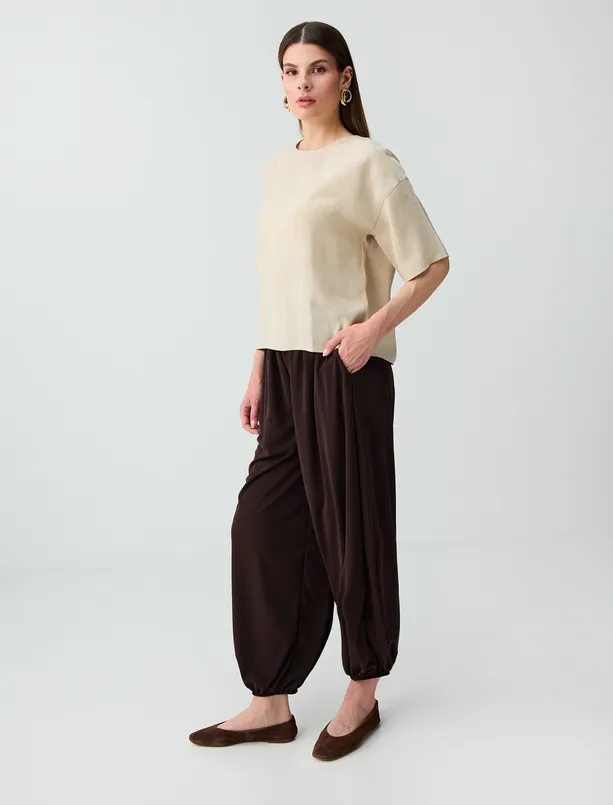 Bayan Kahverengi Rahat Kesim Normal Bel Paçası Lastikli Örme Pantolon