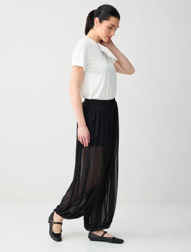 Women Black Relaxed Fit Regular Waist Elasticized Leg Mesh Pants