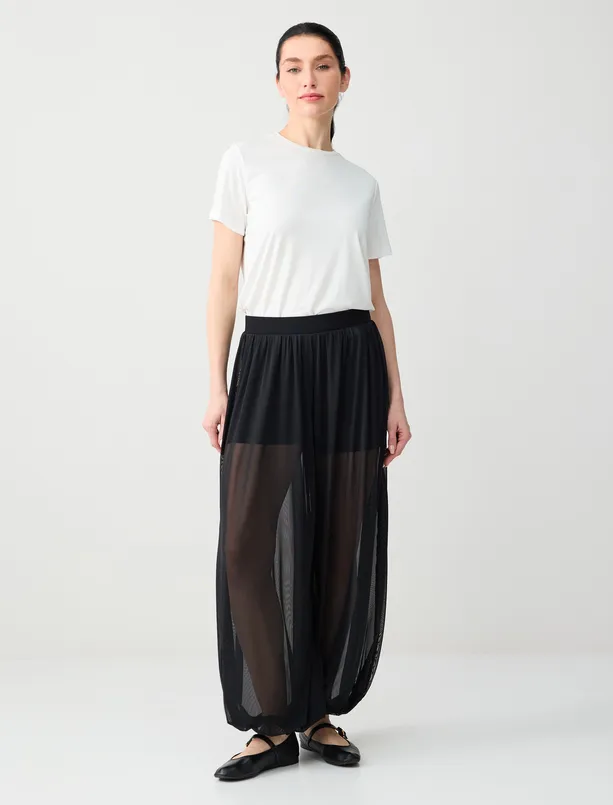 Women Black Relaxed Fit Regular Waist Elasticized Leg Mesh Pants