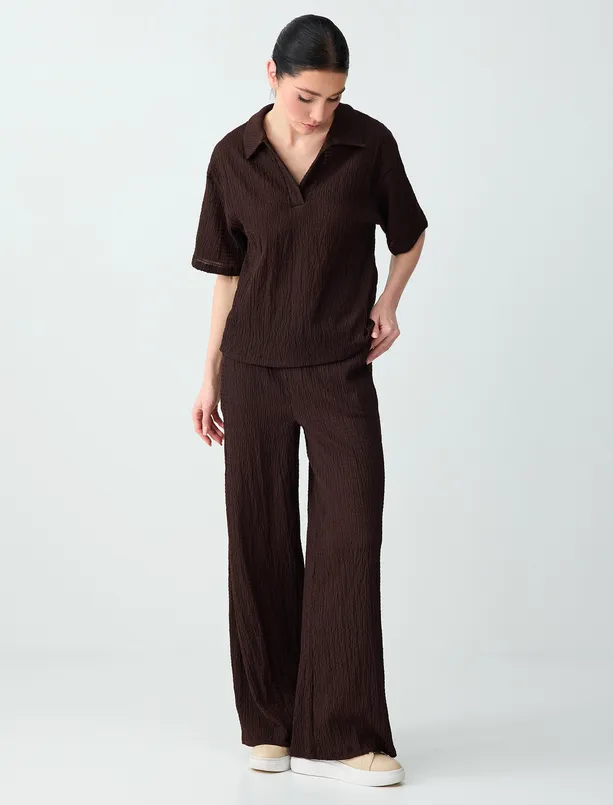 Bayan Kahverengi Düz Kesim Yüksek Bel Uzun Örme Pantolon