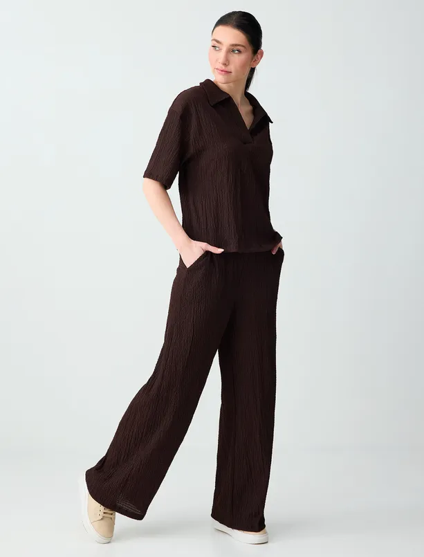 Bayan Kahverengi Düz Kesim Yüksek Bel Uzun Örme Pantolon