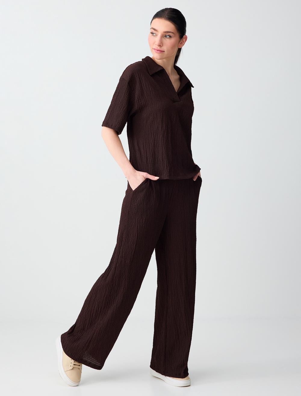 Düz Kesim Yüksek Bel Uzun Örme Pantolon