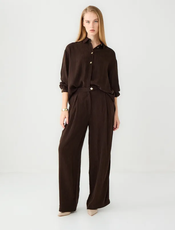 Women Brown Relaxed Fit Wide Leg Woven Trousers with Metal Buttons