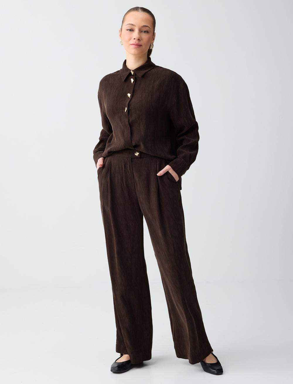 Rahat Kesim Bol Paça Metal Düğmeli Dokuma Pantolon