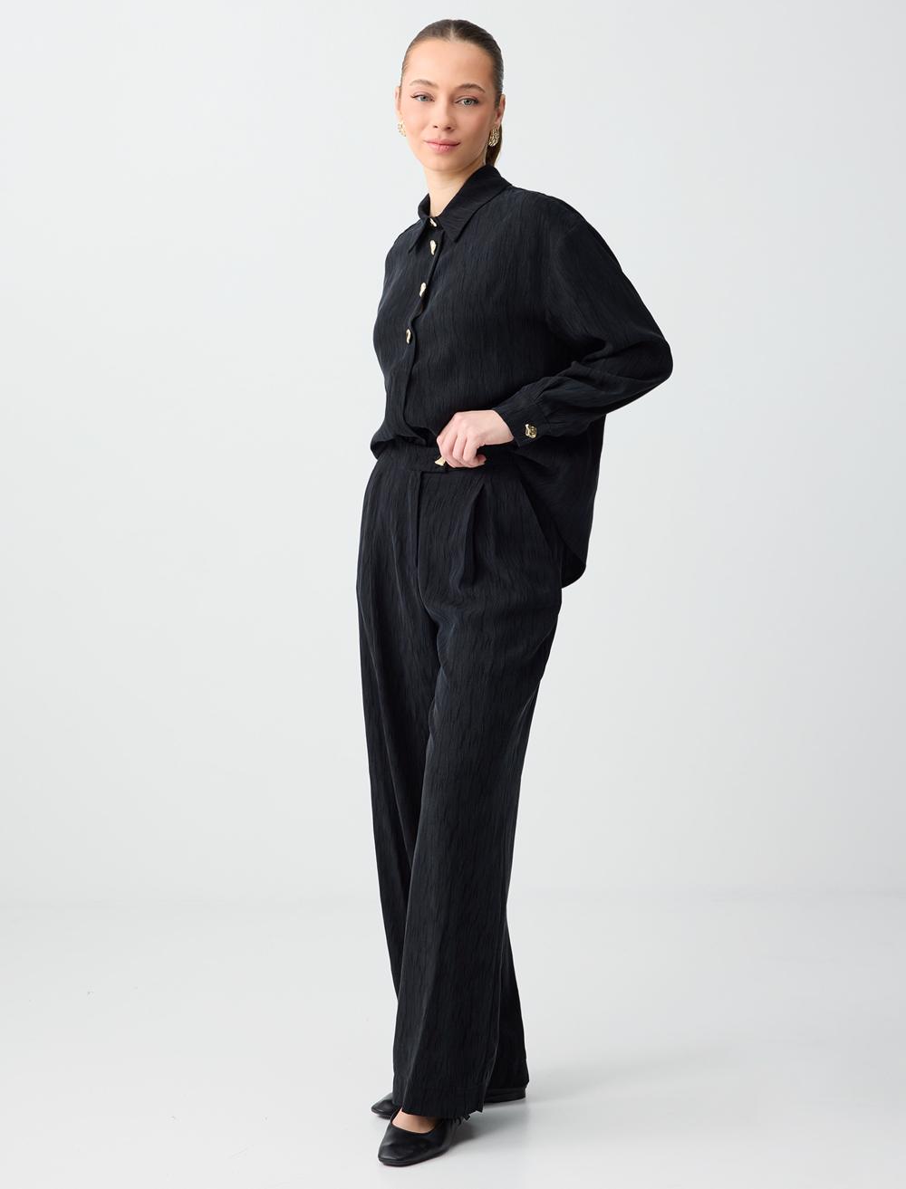 Rahat Kesim Bol Paça Metal Düğmeli Dokuma Pantolon