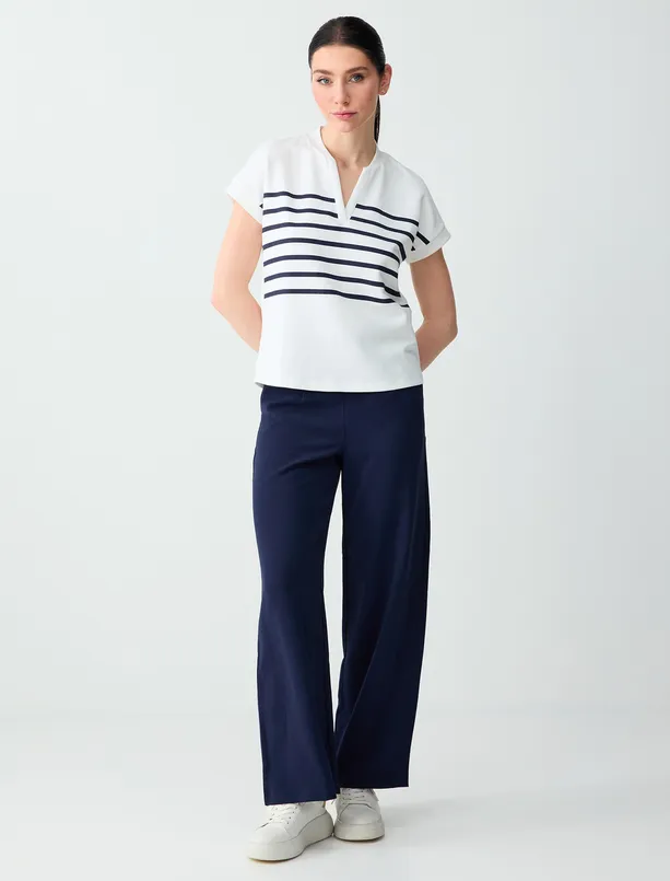 Bayan Lacivert Normal Bel Normal Paça Dokuma Uzun Pantolon