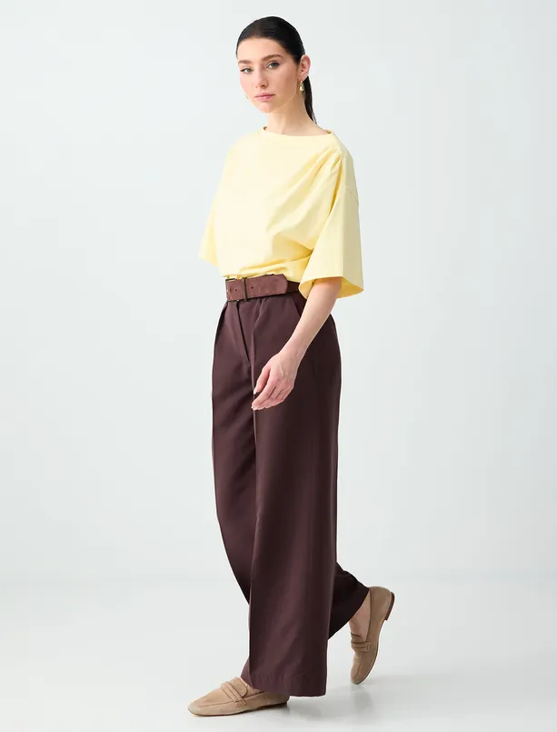 Bayan Kahverengi Rahat Kesim Normal Bel Dokuma Gabardin Pantolon