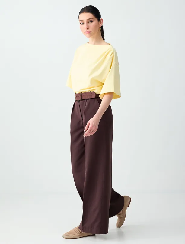 Bayan Kahverengi Rahat Kesim Normal Bel Dokuma Gabardin Pantolon