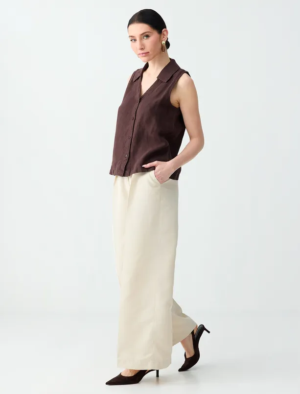 Bayan Bej Rahat Kesim Normal Bel Dokuma Gabardin Pantolon