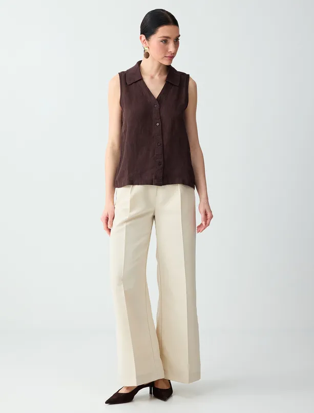 Bayan Bej Rahat Kesim Normal Bel Dokuma Gabardin Pantolon