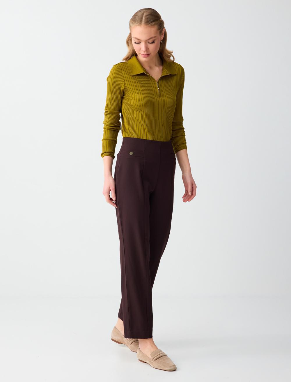 Yüksek Bel Düğme Detaylı Dokuma Pantolon