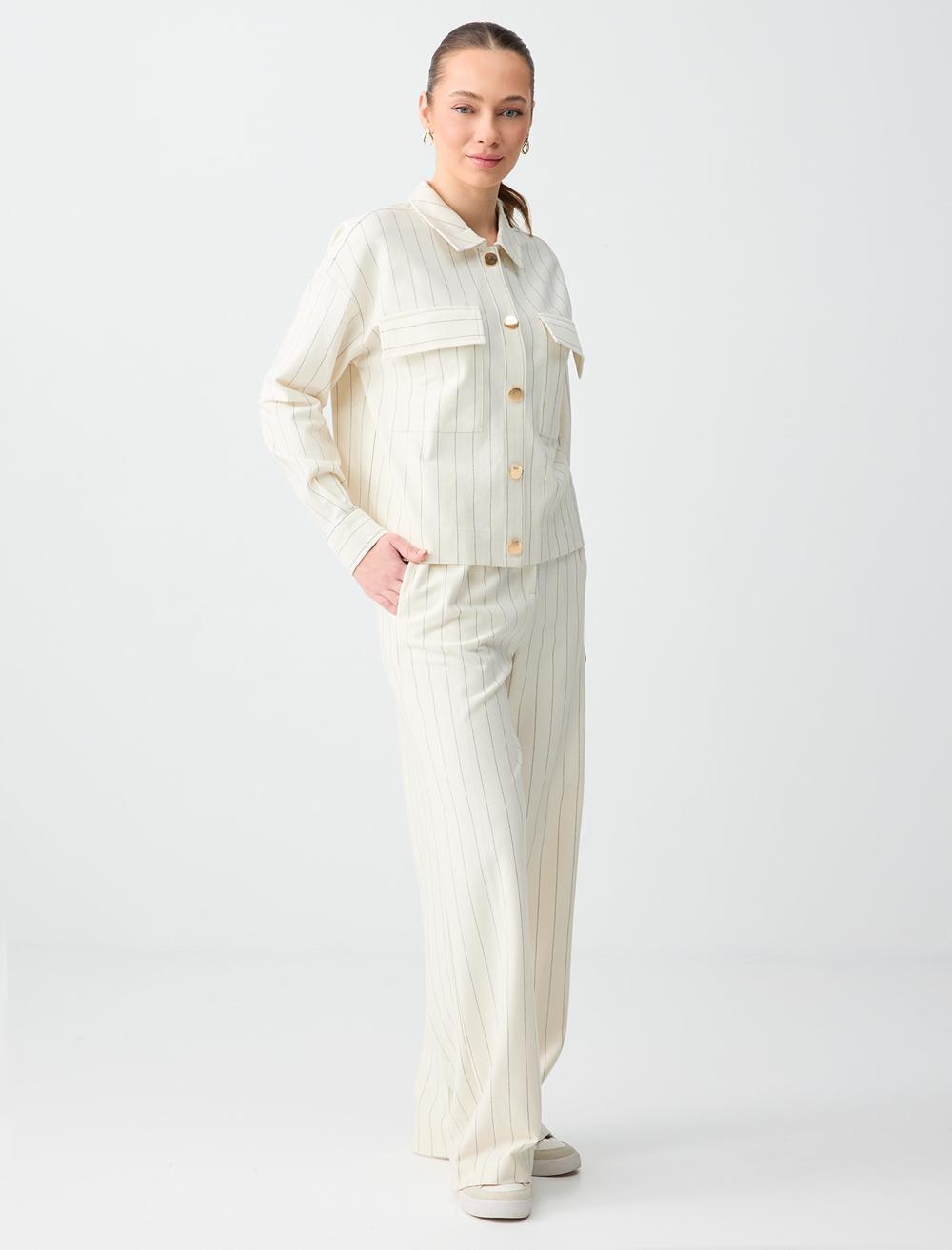 Normal Paça Normal Bel Çizgili Uzun Örme Pantolon