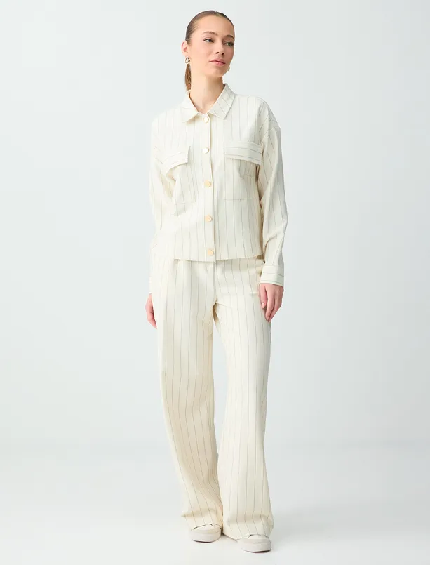 Bayan Ekru Normal Paça Normal Bel Çizgili Uzun Örme Pantolon