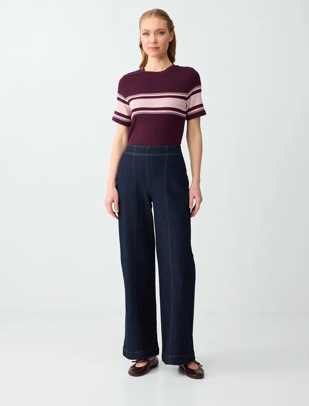 Women Blue High Waist Regular Leg Cotton Long Denim Pants