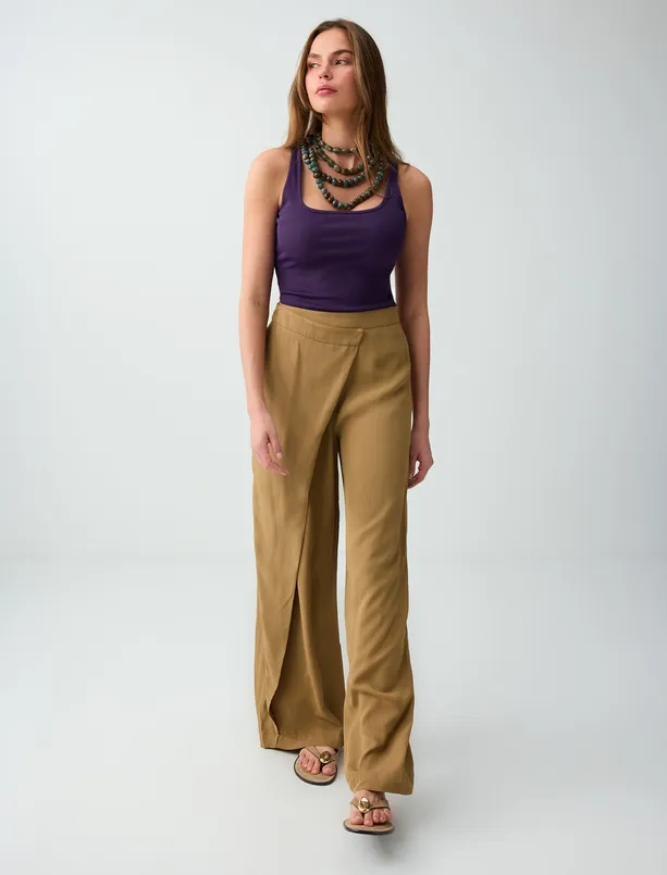 Bayan Deve Tüyü Bağlama Detaylı Bol Kesim Normal Paça Pantolon