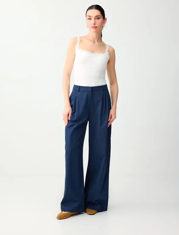 Bayan  Normal Paça Yüksek Bel Cep Detaylı Dokuma Pantolon