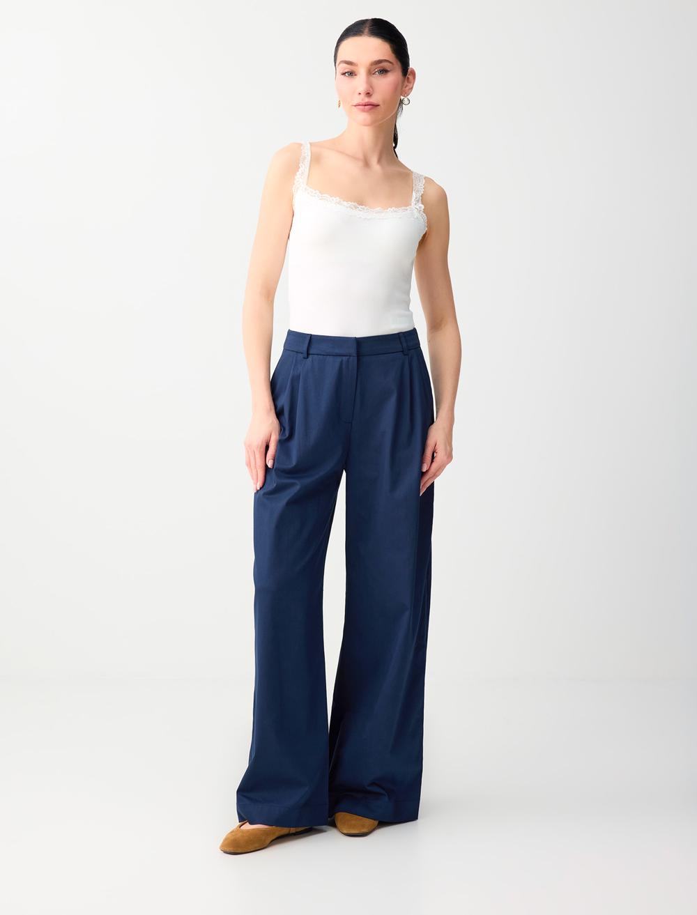 Normal Paça Yüksek Bel Cep Detaylı Dokuma Pantolon